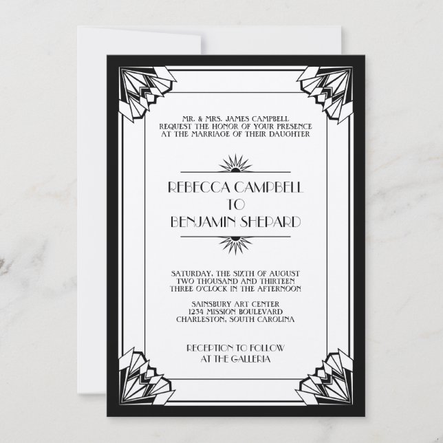 Jazz age black geometric art deco wedding invitation (Front)