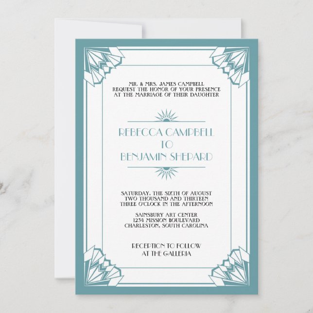 Jazz age blue geometric art deco wedding invitation (Front)