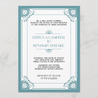 Jazz age blue geometric art deco wedding invitation