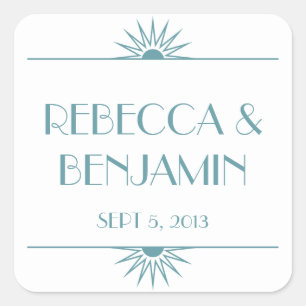 Jazz age blue geometric art deco wedding square sticker