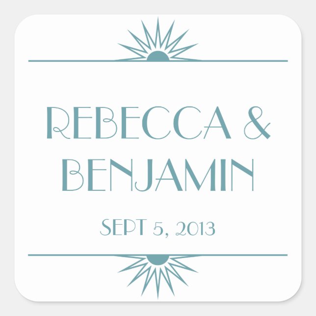 Jazz age blue geometric art deco wedding square sticker (Front)