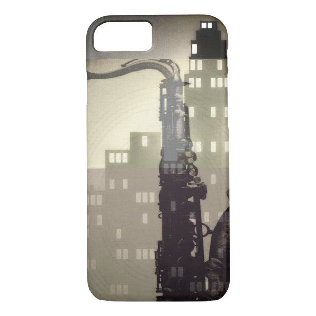 Jazz age inspired saxophone and art deco building Case-Mate iPhone case (Back)