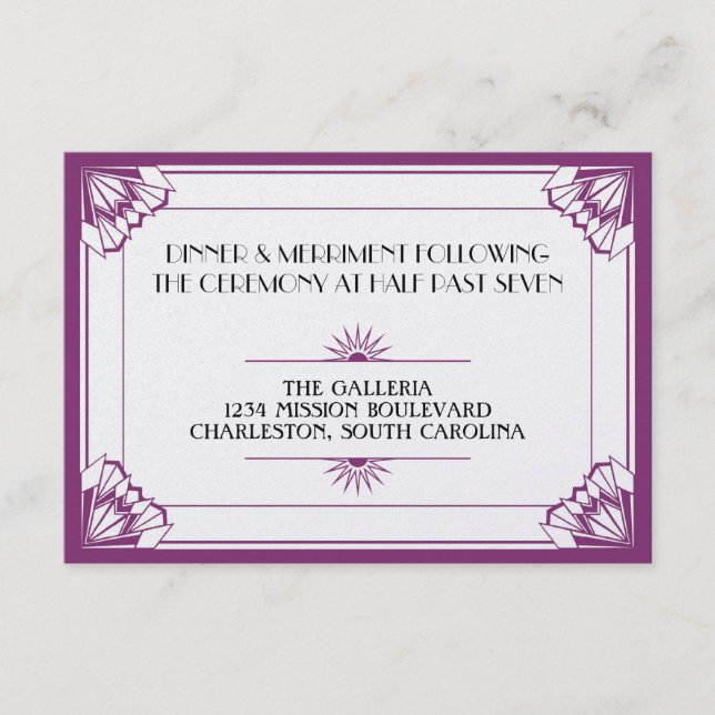 Jazz age purple art deco wedding reception enclosure card (Front)