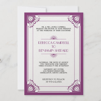 Jazz age purple geometric art deco wedding invitation