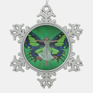 Jazz Age Showgirl Flapper Wearing Butterfly Wings Snowflake Pewter Christmas Ornament