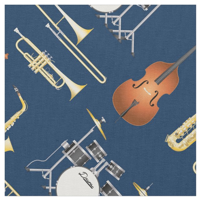 Jazz Band Instruments Music Musician Decor Blue Fabric (Close Up)