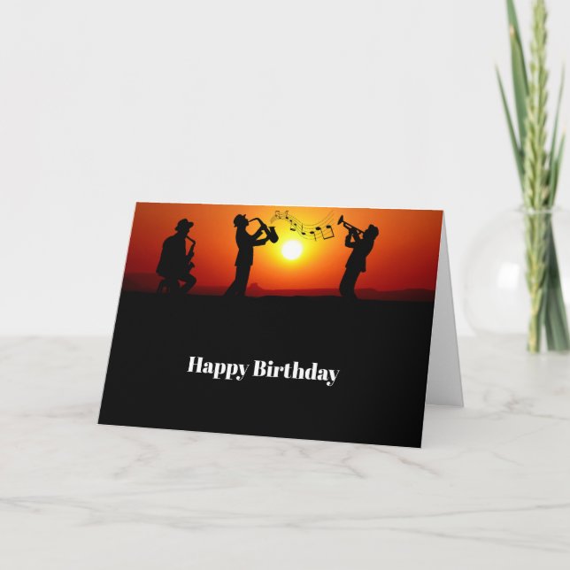 Jazz Band Silhouette Orange Sunset Birthday Card (Front)