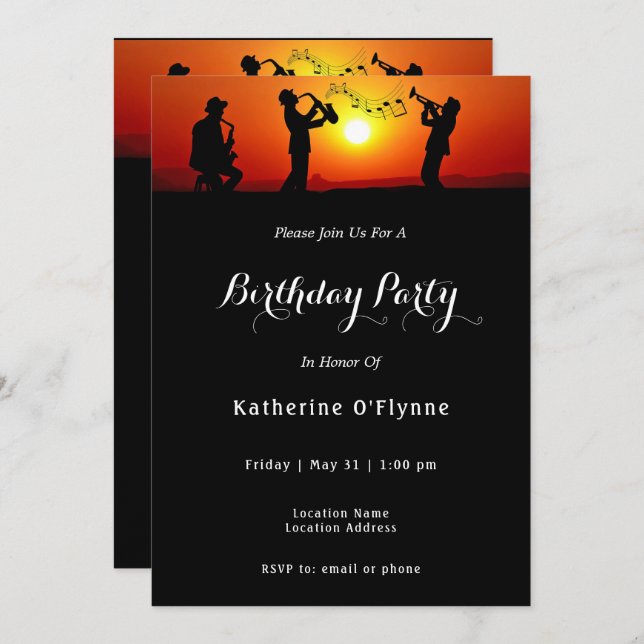 Jazz Band Silhouette Orange Sunset Birthday Invitation (Front/Back)