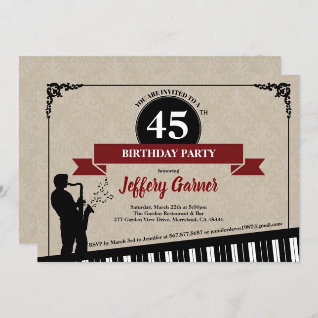 Jazz birthday party invitation Music theme adult (Front/Back)