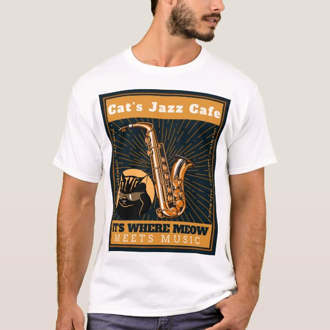 Jazz Cat Cafe - cat saxophone performing saxophoni T-Shirt (Front)