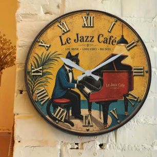 Jazz Cat Funny Piano Vintage Café Music Lover Gift Large Clock