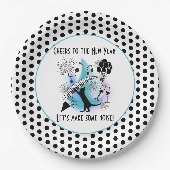 Jazz Cat | Piano | Cheers to the New Year Paper Plate (Front)