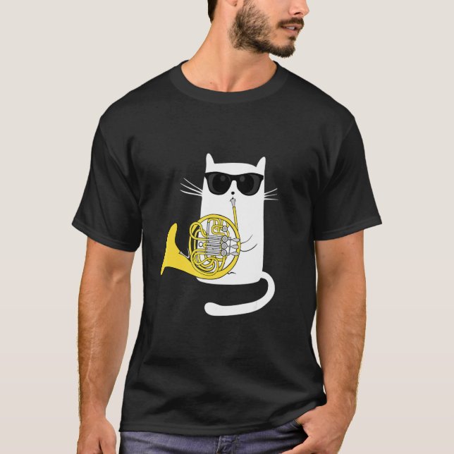 Jazz Cat Playing French Horn Hippy Hipster Kitty T-Shirt (Front)
