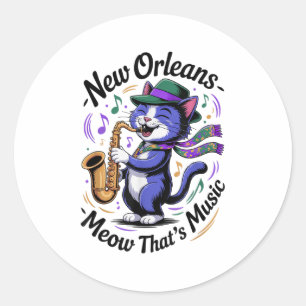 Jazz Cat Playing Saxophone Music Lover Art New Orl Classic Round Sticker