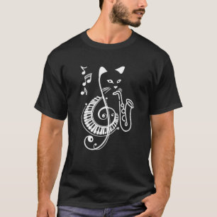 Jazz Cat Playing Saxophone Piano Treble Clef Music T-Shirt