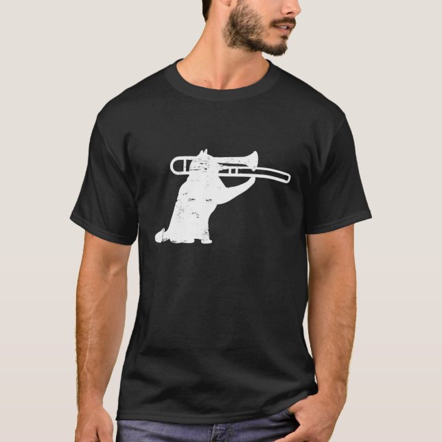 Jazz Cat Playing Trombone For Brass Players T-Shirt (Front)