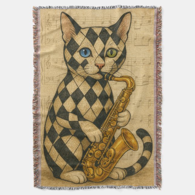 Jazz Cat Throw Blanket (Front Vertical)