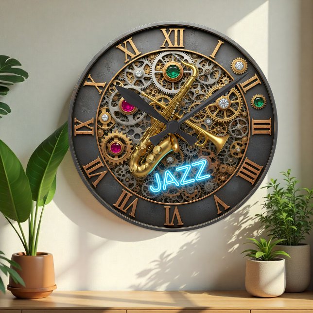 Jazz Clock, Neon Light, Trumpet, Saxophone Round Clock (Jazz Wall Clock, Saxophone, Trumpet, Neon Light)