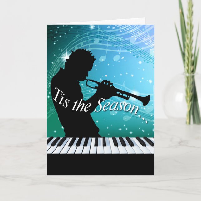 Jazz Horn Player Tis the Season | teal blue Holiday Card (Front)