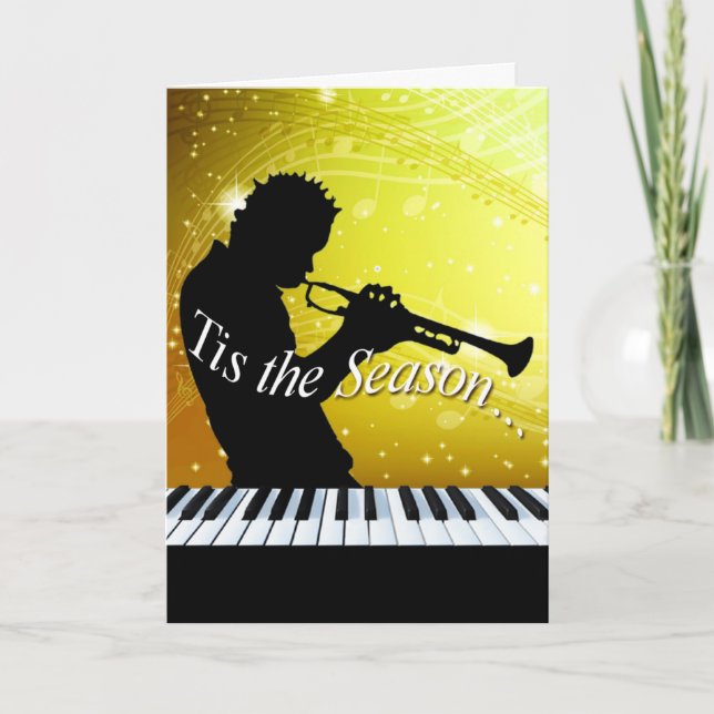 Jazz Horn Player Tis the Season | yellow Holiday Card (Front)