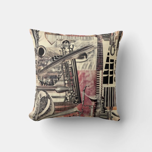 Jazz Music Saxophone 1920s Dadaist Style Cushion (Front)