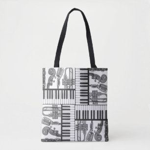 Jazz Musical Instruments Black and White Tote