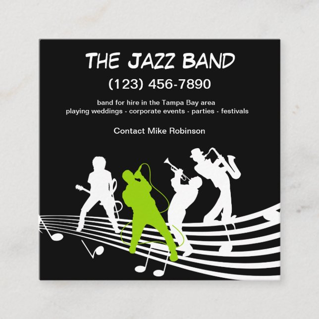 Jazz Musician Band For Hire Square Business Card (Front)