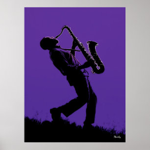 Jazz Saxophonist Poster – Black Silhouette on Purp