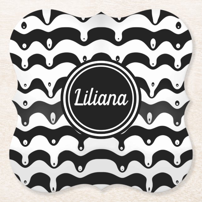 Jazzy Black and White Melting Zebra Stripes Paper Coaster (Front)