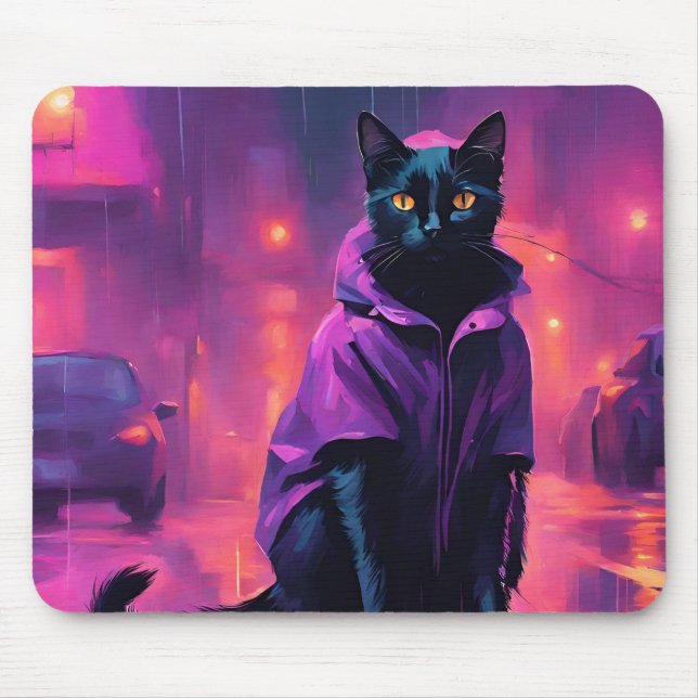 Jazzy  black cat  in purples  mouse mat (Front)