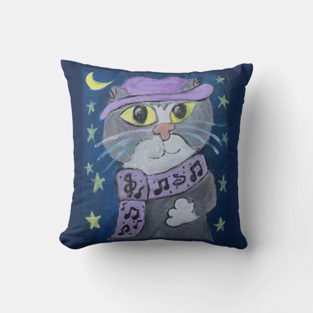 Jazzy Cat Folk Art Cushion (Front)