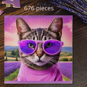 Jazzy  cat - - lavender field jigsaw puzzle