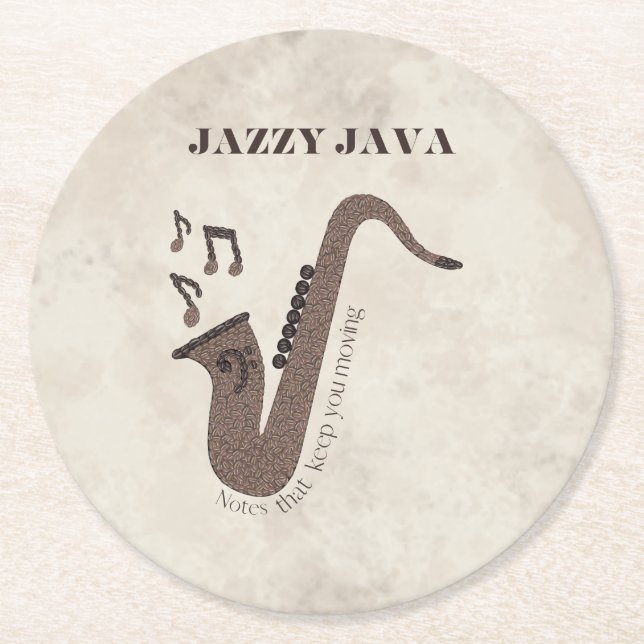 Jazzy Java-Coffee Beans-Saxophone- Round Paper Coaster (Front)