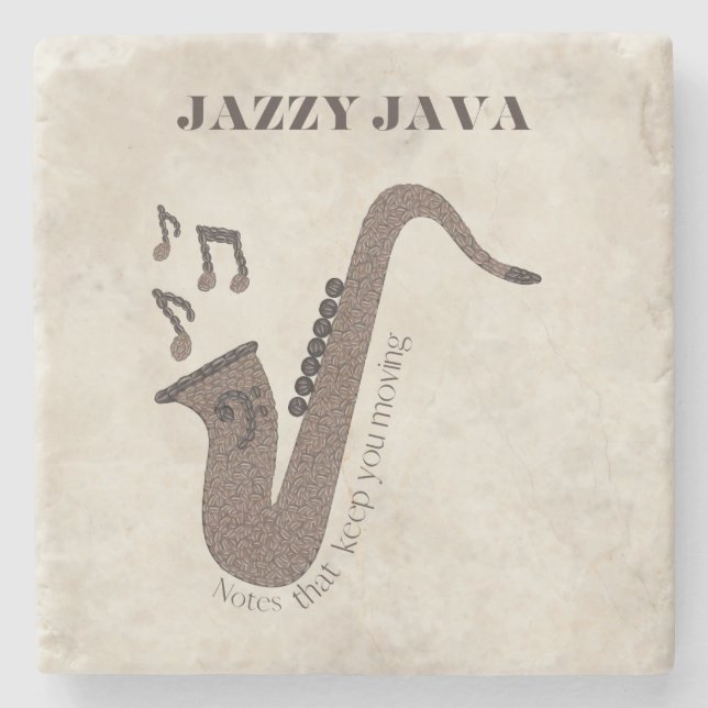 Jazzy Java-Coffee Beans-Saxophone- Stone Coaster (Front)