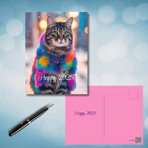 Jazzy Kitty   in fur  coat  - Happy 2025 Holiday Postcard