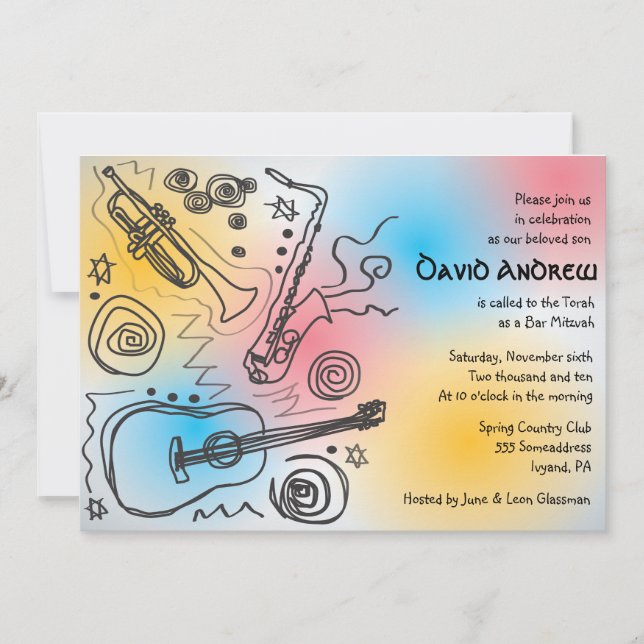 Jazzy Musical Bar Bat Mitzvah Invitation (Front)