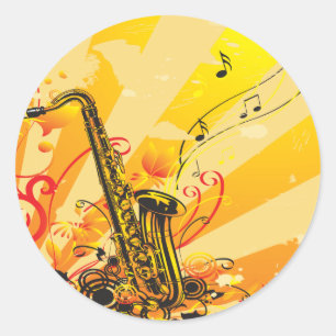Jazzy Saxophone Beams Of Music Classic Round Sticker