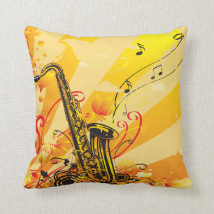 Jazzy Saxophone Beams Of Music Cushion