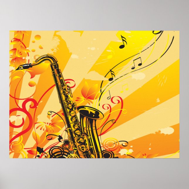 Jazzy Saxophone Beams Of Music Poster (Front)