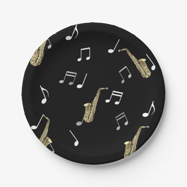 Jazzy Saxophone & Musical Notes  Paper Plate (Front)
