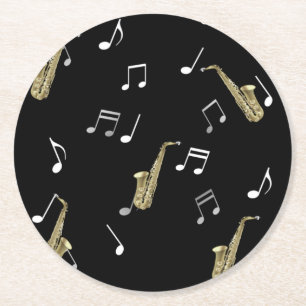 Jazzy Saxophone & Musical Notes  Round Paper Coaster