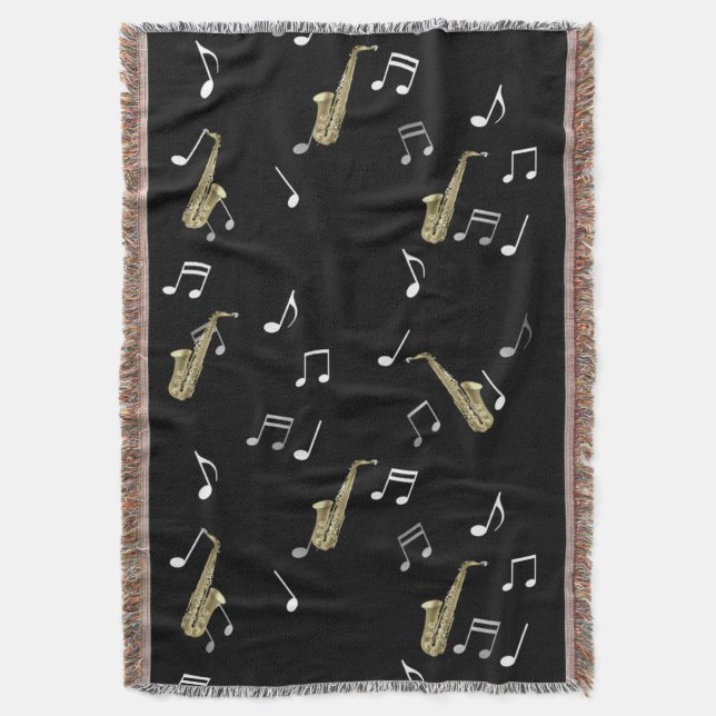 Jazzy Saxophone & Musical Notes  Throw Blanket (Front Vertical)