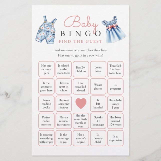 Jean Baby Bingo Find The Guest Baby Shower Game (Front)