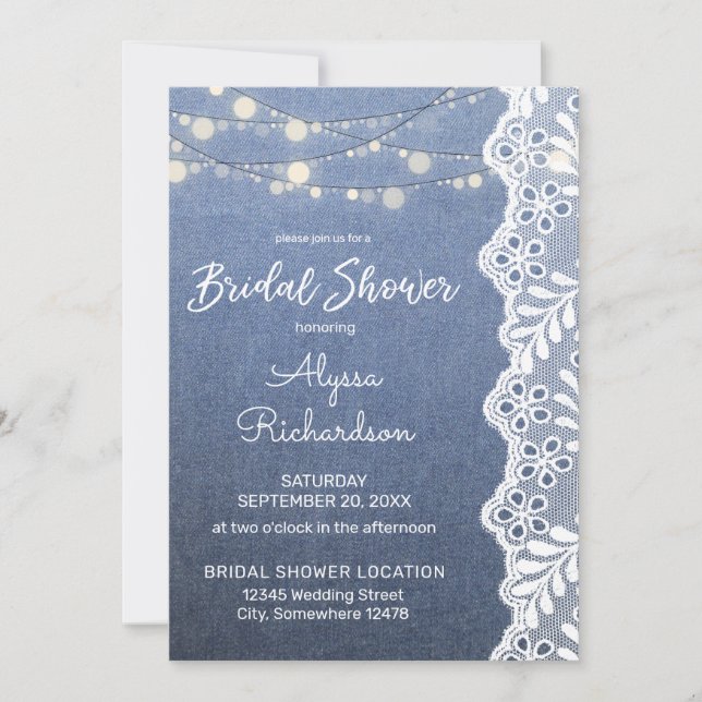 Jean Lace & String Lights Bridal Shower 2 Invitation (Front)