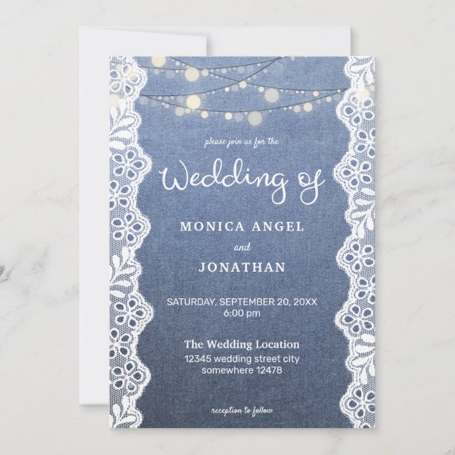 Jean Lace & String Lights Wedding Invitation (Front)