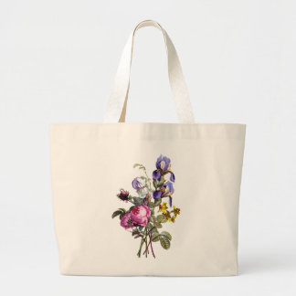Jean Louis Prevost Cabbage Rose and Iris Bouquet Large Tote Bag