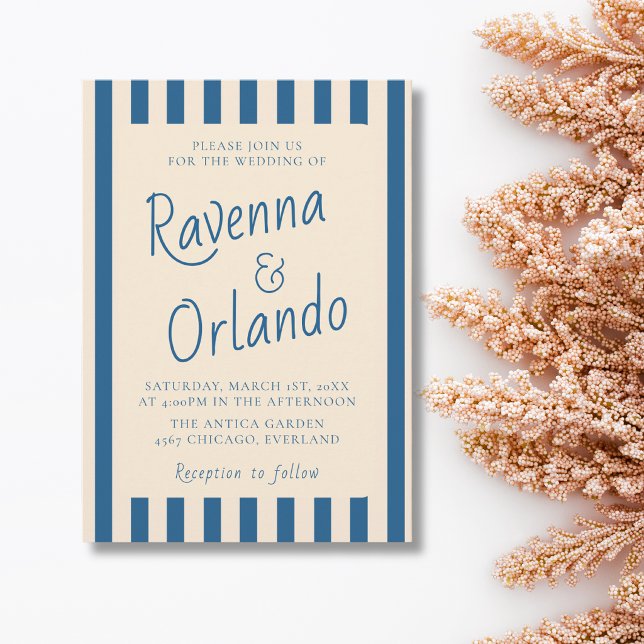 Jeans Blue & Ivory Stripes Retro Minimal Wedding Invitation (Creator Uploaded)