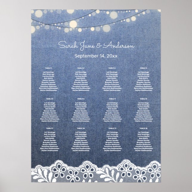 Jeans, Lace, String Lights Wedding Seating Chart (Front)