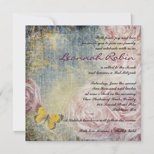 JEANS ROSES & BUTTERFLIES Bat  Mitzvah Invitation (Front)