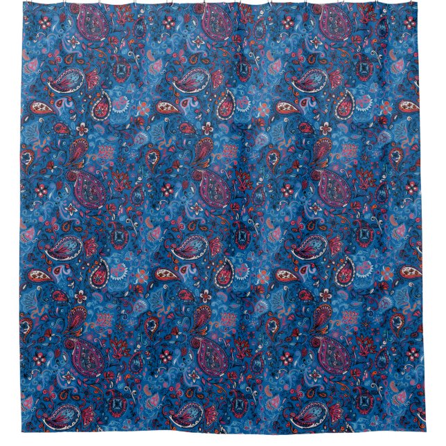 Jeanse traditional paisley floral blue pattern shower curtain (Front)
